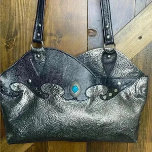 Cowgirl Custom Black Gunmetal Tooled Leather Silver Conch Turquoise Cabochon